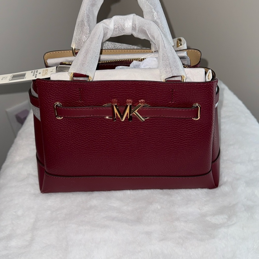 Michael Kors Reed Small Dark Cherry Leather Center Zip Belted Satchel Bag Purse